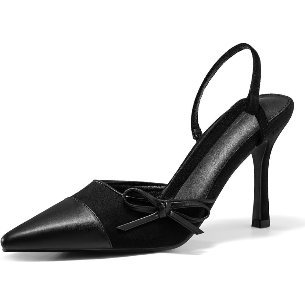 Women's Black Slingback High Heel Bow Tie Closed Pointed Toe Sexy Stiletto Shoes